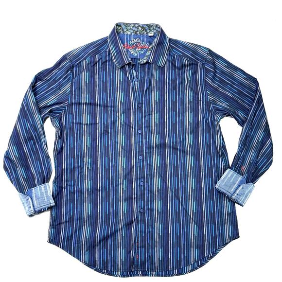 Robert Graham L Button Down Shirt Long Sleeve Blue Striped Flip Cuff Classic Fit - Picture 1 of 11